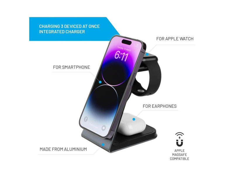 FIXED 3in1 Mag Aluminum Wireless Charging station Black