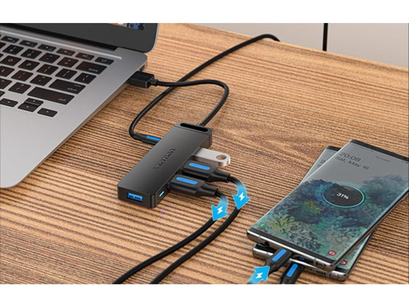 Vention USB 3.0 Hub with 4 Ports and Power Adapter 1m Black USB-Hubs - USB 3.0 - 4 - Schwarz