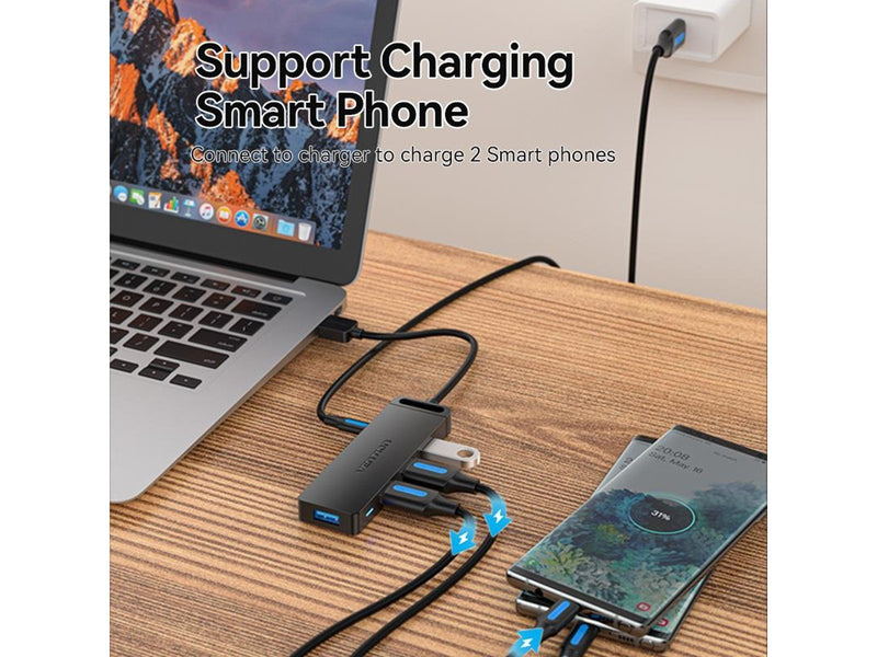 Vention USB 3.0 4-Port Hub with Power Adapter 0.15m Black USB-Hubs - USB 3.0 - 4 - Schwarz