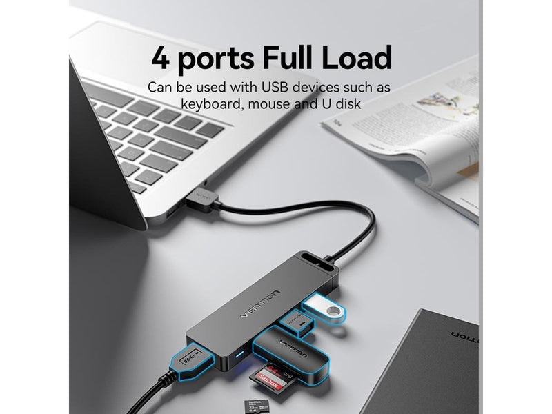 Vention USB 3.0 4-Port Hub with Power Adapter 0.15m Black USB-Hubs - USB 3.0 - 4 - Schwarz