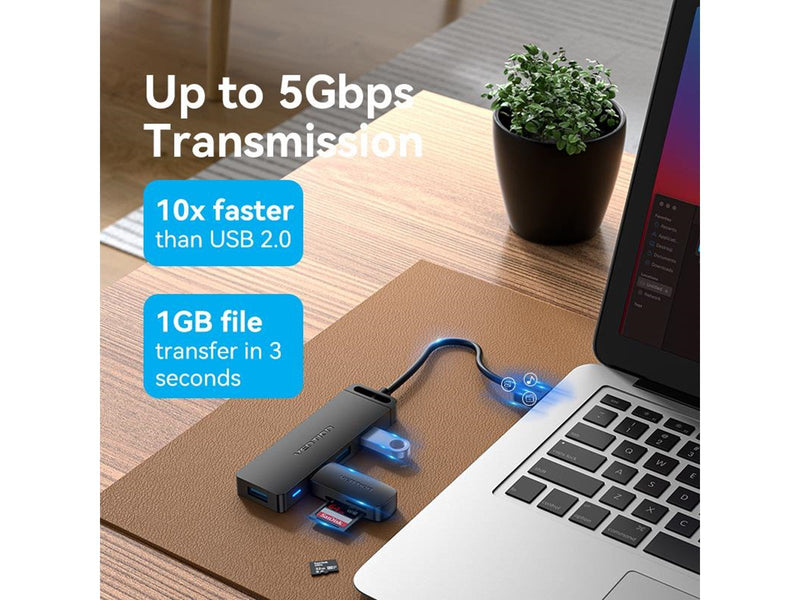 Vention USB 3.0 4-Port Hub with Power Adapter 0.15m Black USB-Hubs - USB 3.0 - 4 - Schwarz
