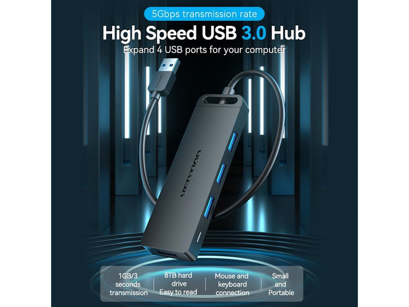 Vention USB 3.0 4-Port Hub with Power Adapter 0.15m Black USB-Hubs - USB 3.0 - 4 - Schwarz
