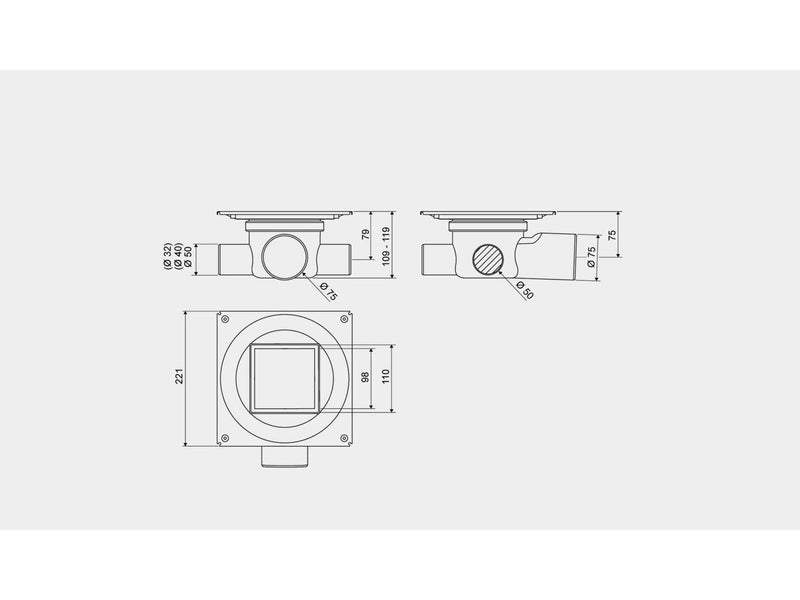 Unidrain Set 1 Square Custom 10x10 Ø75 mm horizontal