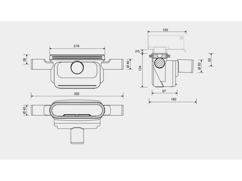 Unidrain Outlet unit Ø50 mm horizontal incl. two side inlets and water trap