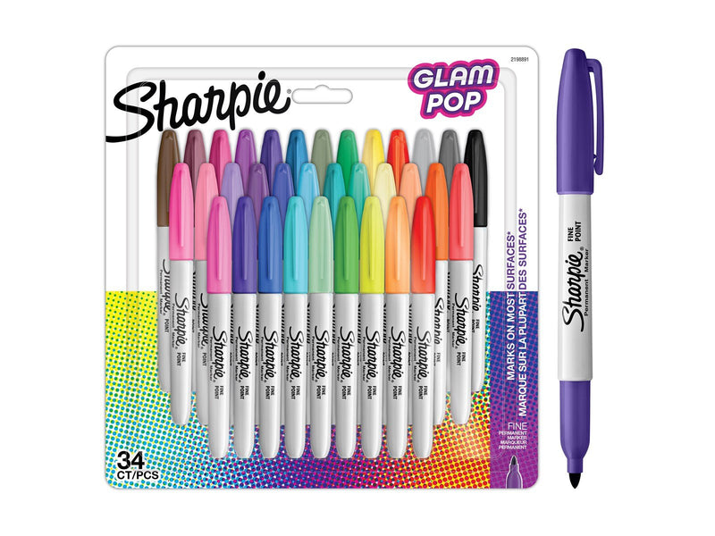 Sharpie Glam Pop-Permanentmarker | feine Spitze für klare Details | verschiedene Farben | 34 Markierstifte