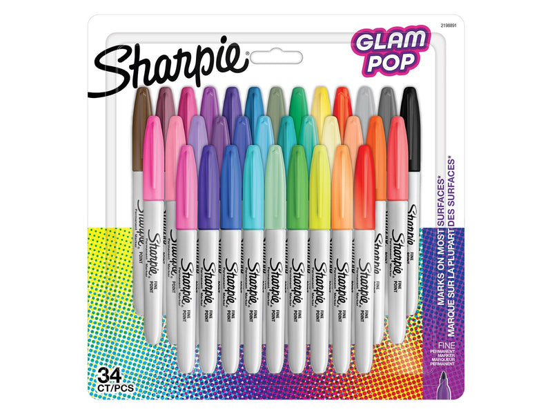 Sharpie Glam Pop-Permanentmarker | feine Spitze für klare Details | verschiedene Farben | 34 Markierstifte