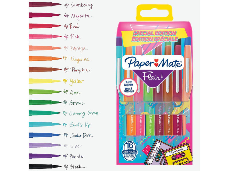 Paper Mate Flair Filzstifte | mittlere Spitze (0,7 mm) | gemischte Retrofarben | 16 Stück