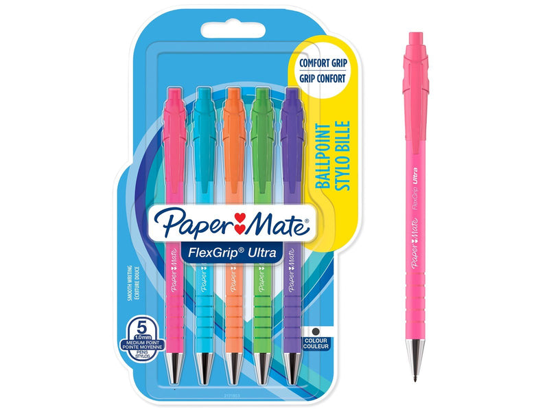 Paper Mate Flexgrip Ultra-Druckkugelschreiber | mittlere Spitze (1,0 mm) | schwarze Tinte | leuchtende Farben | 5 Stück