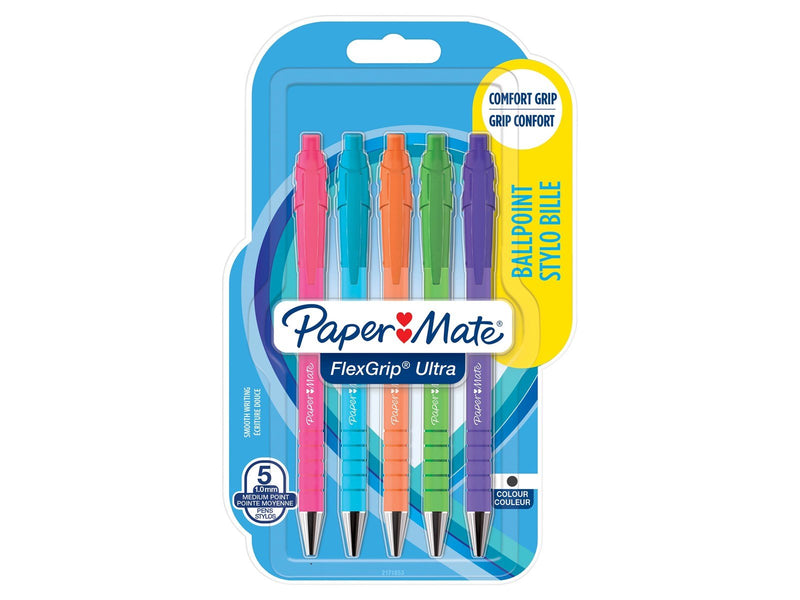Paper Mate Flexgrip Ultra-Druckkugelschreiber | mittlere Spitze (1,0 mm) | schwarze Tinte | leuchtende Farben | 5 Stück