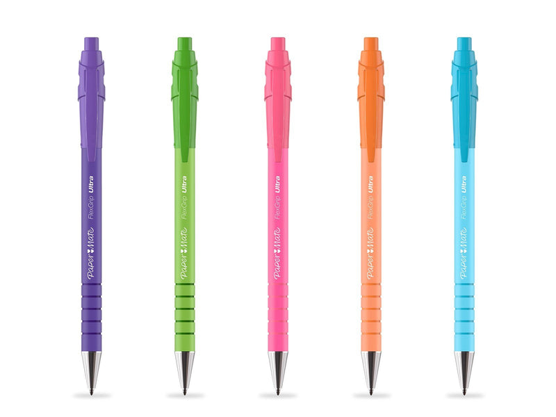 Paper Mate Flexgrip Ultra-Druckkugelschreiber | mittlere Spitze (1,0 mm) | schwarze Tinte | leuchtende Farben | 5 Stück