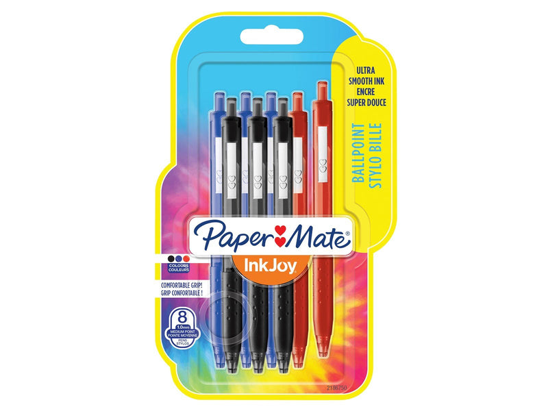 Paper Mate InkJoy 300RT Druckkugelschreiber | mittlere Spitze (1,0 mm) | Schwarze, blaue & rote Tinte | 8 Stück