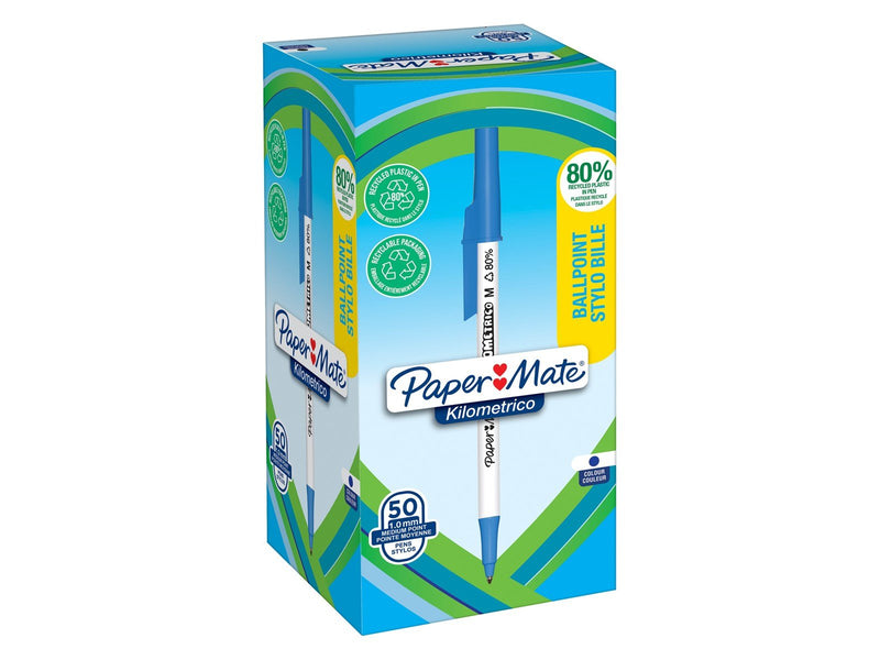 Paper Mate Kilometrico Kugelschreiber | lange Schreibdauer mit mittlerer Spitze (1,0 mm) | blaue Tinte | 80 % recyceltes Plastik