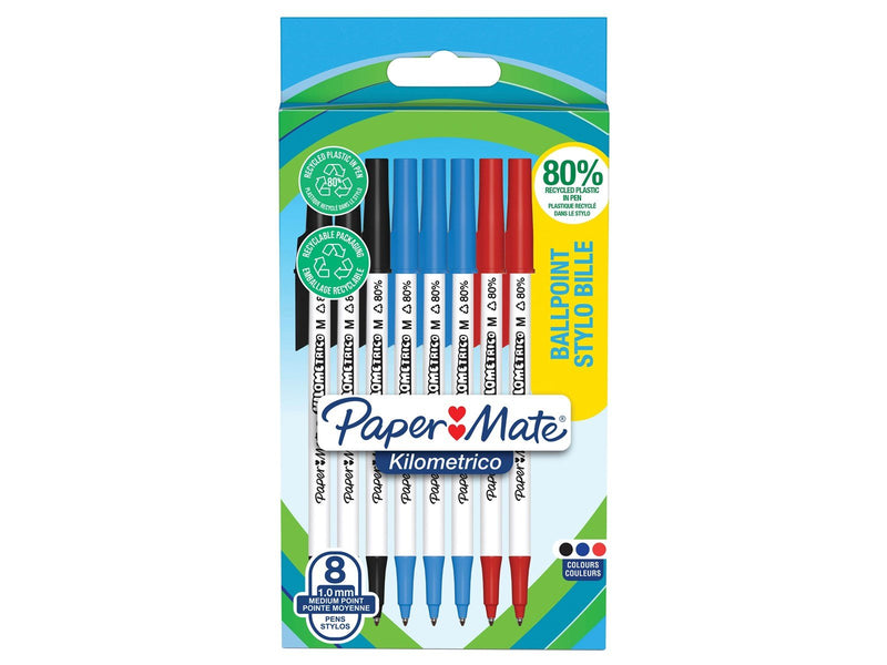 Paper Mate Kilometrico Kugelschreiber | lange Schreibdauer mit mittlerer Spitze (1,0 mm) | schwarze, blaue und rote Tinte | 80 %