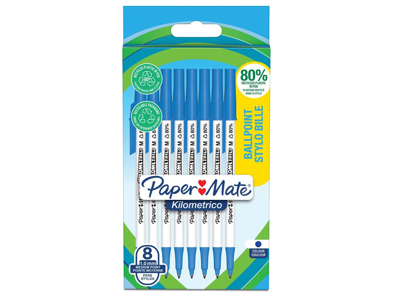 Paper Mate Kilometrico Kugelschreiber | lange Schreibdauer mit mittlerer Spitze (1,0 mm) | blaue Tinte | 80 % recyceltes Plastik