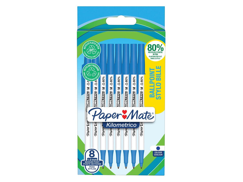 Paper Mate Kilometrico Kugelschreiber | lange Schreibdauer mit mittlerer Spitze (1,0 mm) | blaue Tinte | 80 % recyceltes Plastik