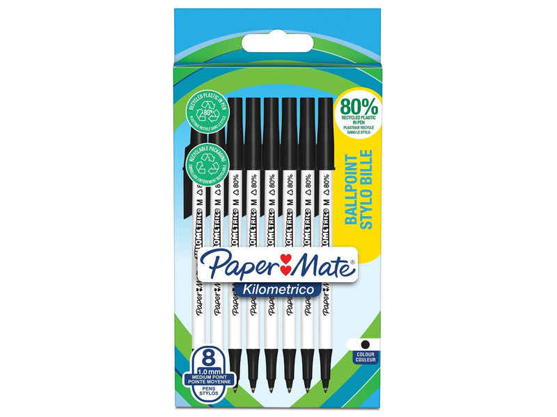 Paper Mate Kilometrico Kugelschreiber | lange Schreibdauer mit mittlerer Spitze (1,0 mm) | schwarze Tinte | 80 % recyceltes Plas