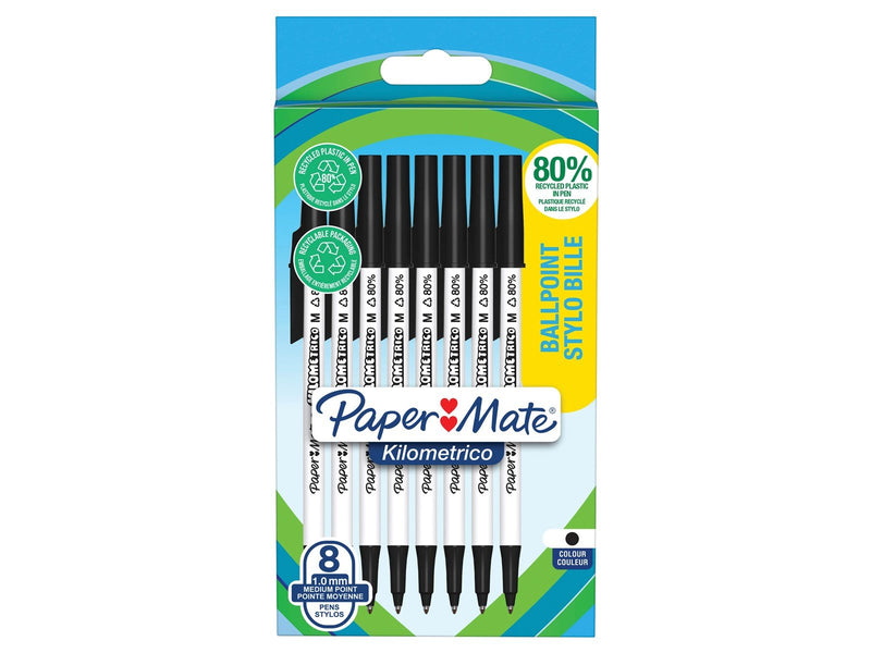 Paper Mate Kilometrico Kugelschreiber | lange Schreibdauer mit mittlerer Spitze (1,0 mm) | schwarze Tinte | 80 % recyceltes Plas