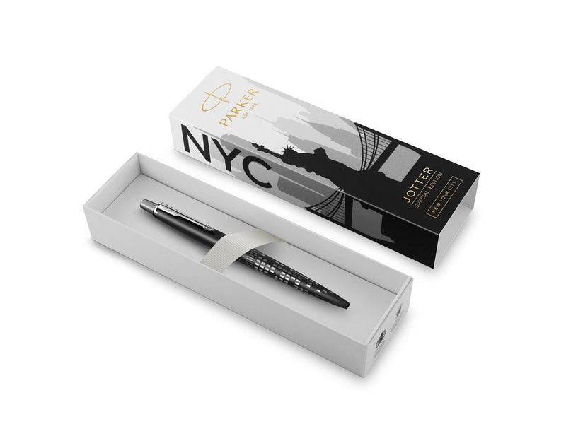 Parker Jotter Kugelschreiber | Sonderedition | New York City (NYC) Schwarz in silberner Ausführung | Blaue Tinte | Geschenkbox