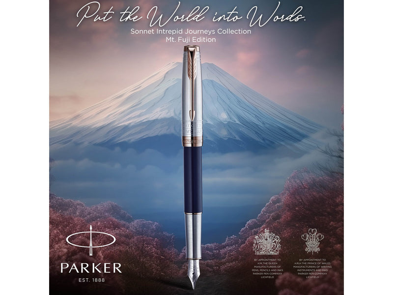 Parker Sonnet Intrepid Journeys Kollektion, Mt. Fuji Edition, Füllfederhalter, blauer Lack, reines Silber, roségoldene Zierteile