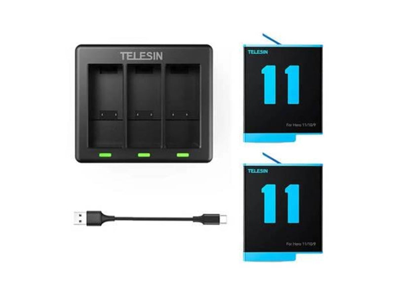 TELESIN 3-slot charger + 2 batteries for GoPro Hero 12 / Hero 11 / Hero 10 / Hero 9