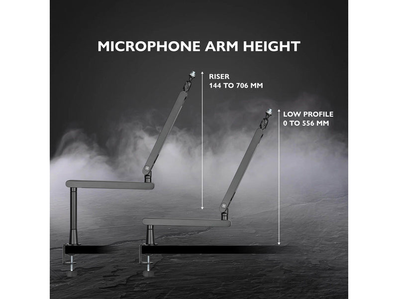 Deltaco GAM-173 Low-Profile Streaming Microphone arm with riser height extension adapter Black