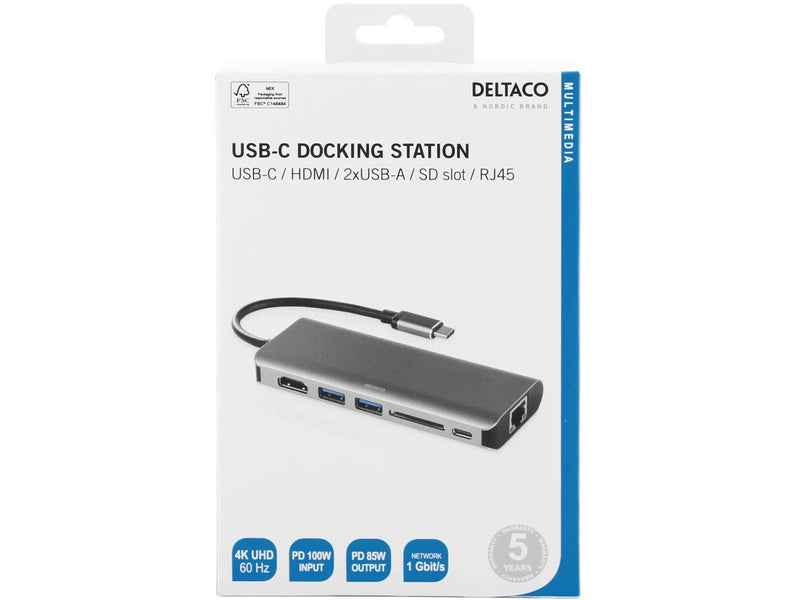Deltaco USBC-HDMI24 - USB-C docking station 1x HDMI/RJ45/2x USB-A/SD space grey