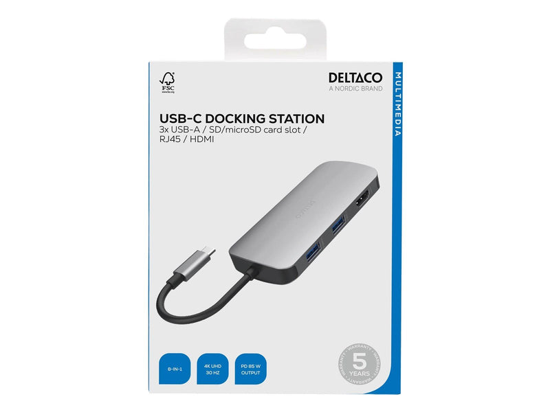 Deltaco USBC-HDMI26 - USB-C docking station 3x USB-A SD/microSD RJ45 HDMI silver