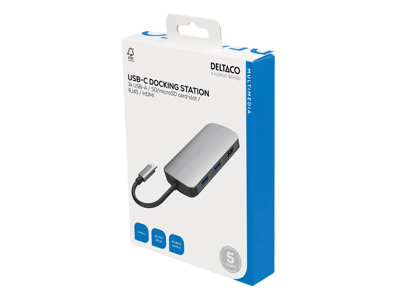 Deltaco USBC-HDMI26 - USB-C docking station 3x USB-A SD/microSD RJ45 HDMI silver