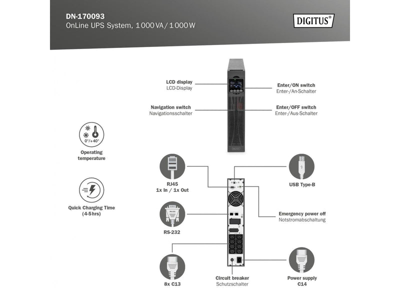 DIGITUS DN-170093 - UPS - online - 1000 Watt - 1000 VA - 9 Ah