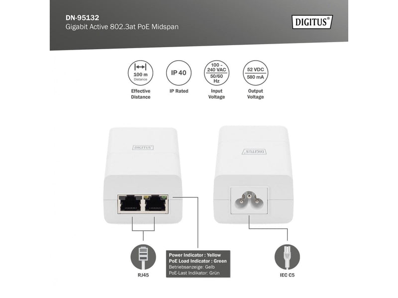 DIGITUS - PoE injector - Gigabit active IEEE 802.3af midspan - 30 Watt