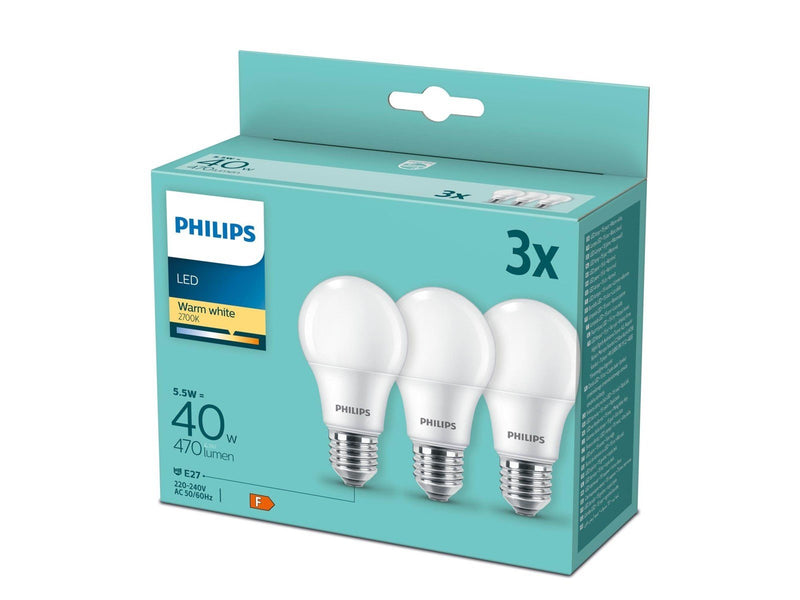 Philips LED-Lampe Standard 4.9W/827 (40W) Frosted 3-pack E27