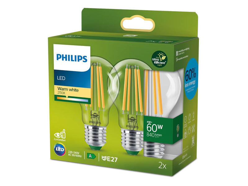 Philips LED-Lampe Standard 4W/827 (60W) Clear 2-pack E27