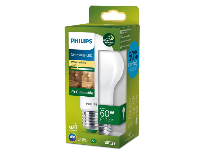Philips LED-Lampe Standard 4W/827 (60W) Frosted Dimmable E27