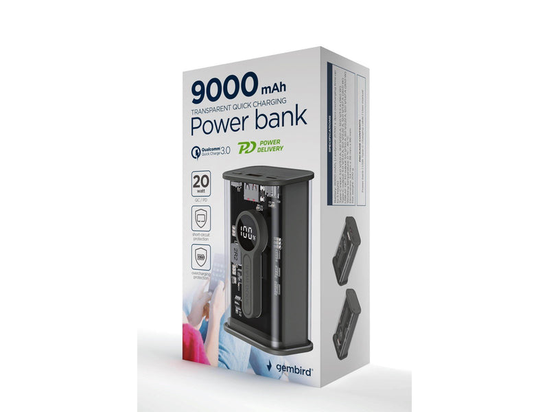 Gembird Powerbank 9000 mAh - Transparent QC 3.0 Powerbank (Akku) - Transparenter - 9000 mAh