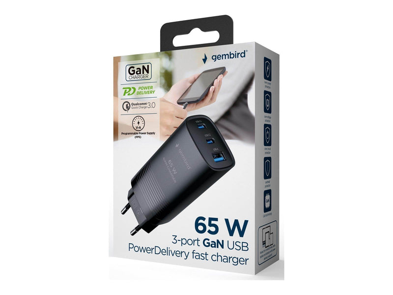 Gembird Universal GaN USB charger QC 3.0 & PD 65W 2-port - Black