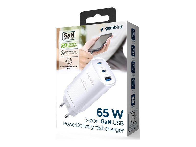 Gembird Universal GaN USB charger QC 3.0 & PD 65W 2-port - White