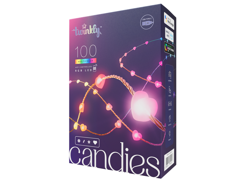 Twinkly Candies – 100 Heart-shaped RGB LEDs Clear Wire USB-C
