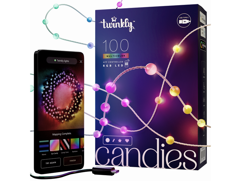 Twinkly Candies – 100 Pearl-shaped RGB LEDs Clear Wire USB-C
