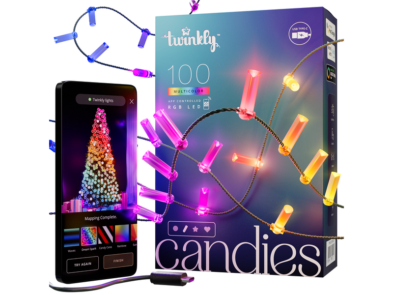 Twinkly Candies – 100 Candle-shaped RGB LEDs Green Wire USB-C