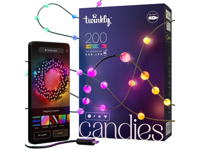 Twinkly Candies – 200 Pearl-shaped RGB LEDs Green Wire USB-C
