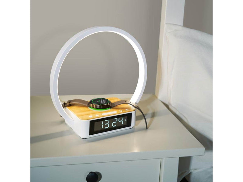Lippa bedside lamp with wireless charging and alarm clock - White