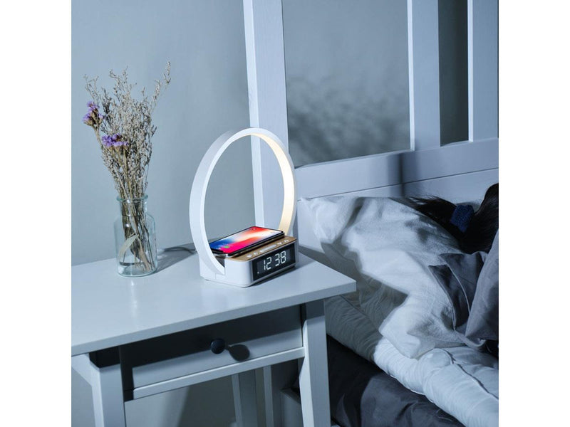 Lippa bedside lamp with wireless charging and alarm clock - White
