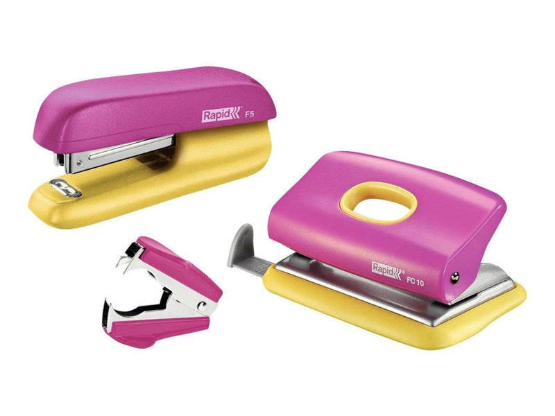 Rapid  Mini Heftgerät F5 und Locher Set Pink/Gelb