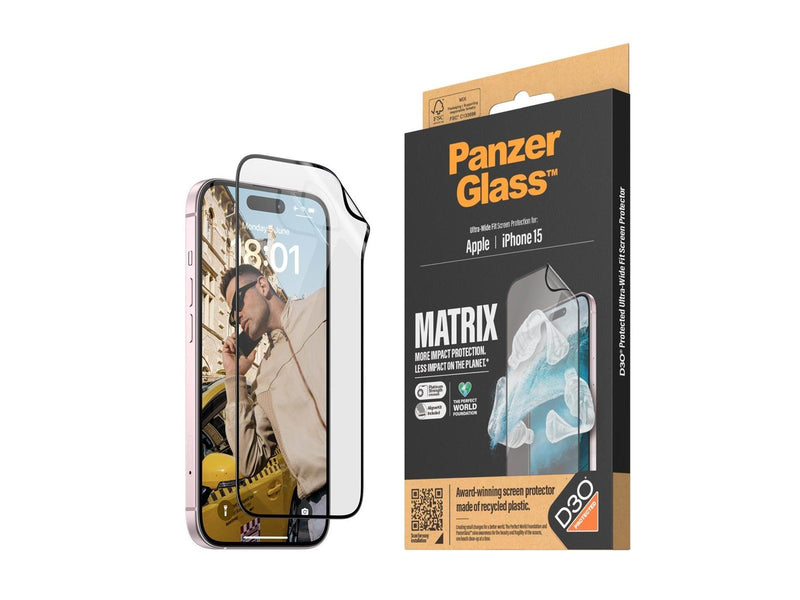 PanzerGlass MATRIX Screen Protector with D3O iPhone 15 | Ultra-Wide Fit w. AlignerKit