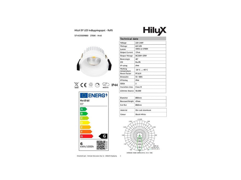 HiluX D7 Gen2 - 6W - 420lm - Ra95 - 2700K - Dimmable - Indoor/Outdoor - White