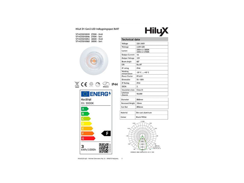 HiluX D1 Gen3 - Full Spectrum LED Recessed spot - 2.8W - Ra97 2700K - Black