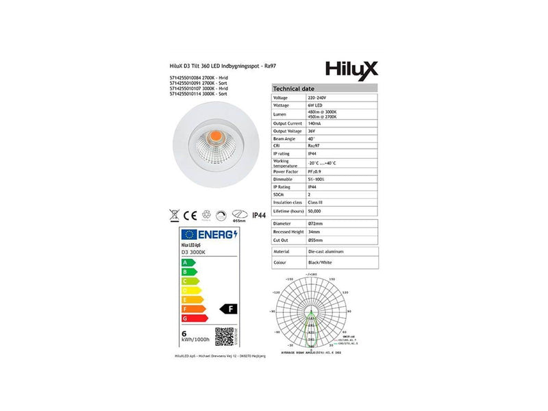HiluX D3 Tilt360 - Full Spectrum LED Recessed spot - Ra97 - 2700K - Black