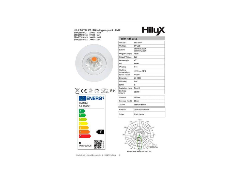 HiluX D8 Tilt360 - Full Spectrum LED Recessed spot - Ra97 - 3000K - Black