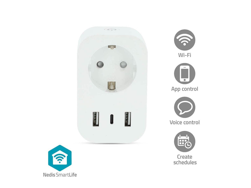 Nedis SmartLife Smart Plug Wi-Fi Strommesser 3680 W Typ F (CEE 7/7) / 1x USB-C / 2x USB Weiß