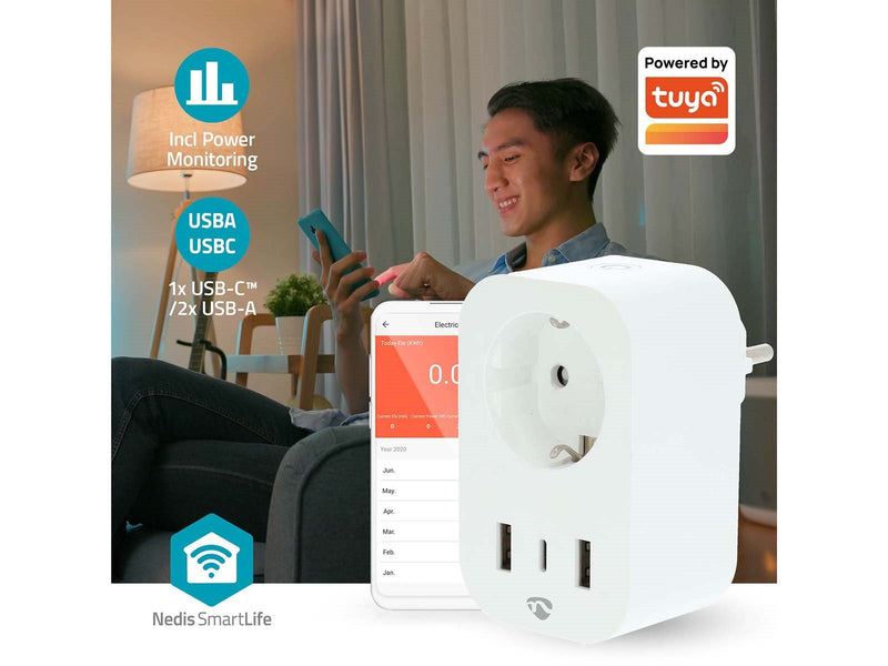 Nedis SmartLife Smart Plug Wi-Fi Strommesser 3680 W Typ F (CEE 7/7) / 1x USB-C / 2x USB Weiß